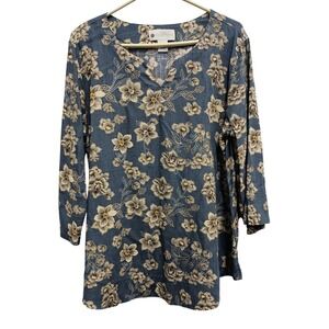 Ella Simone Floral Tunic Top Womens XL Blue Rayon Linen Blend 3/4 Sleeve Coastal
